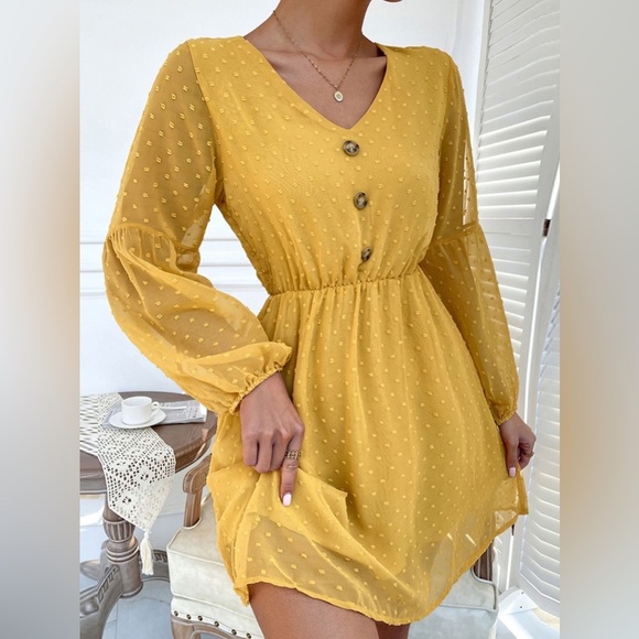 V-Neck Balloon Sleeve Swiss Dot Mini Dress Mustard - Picture 1 of 4